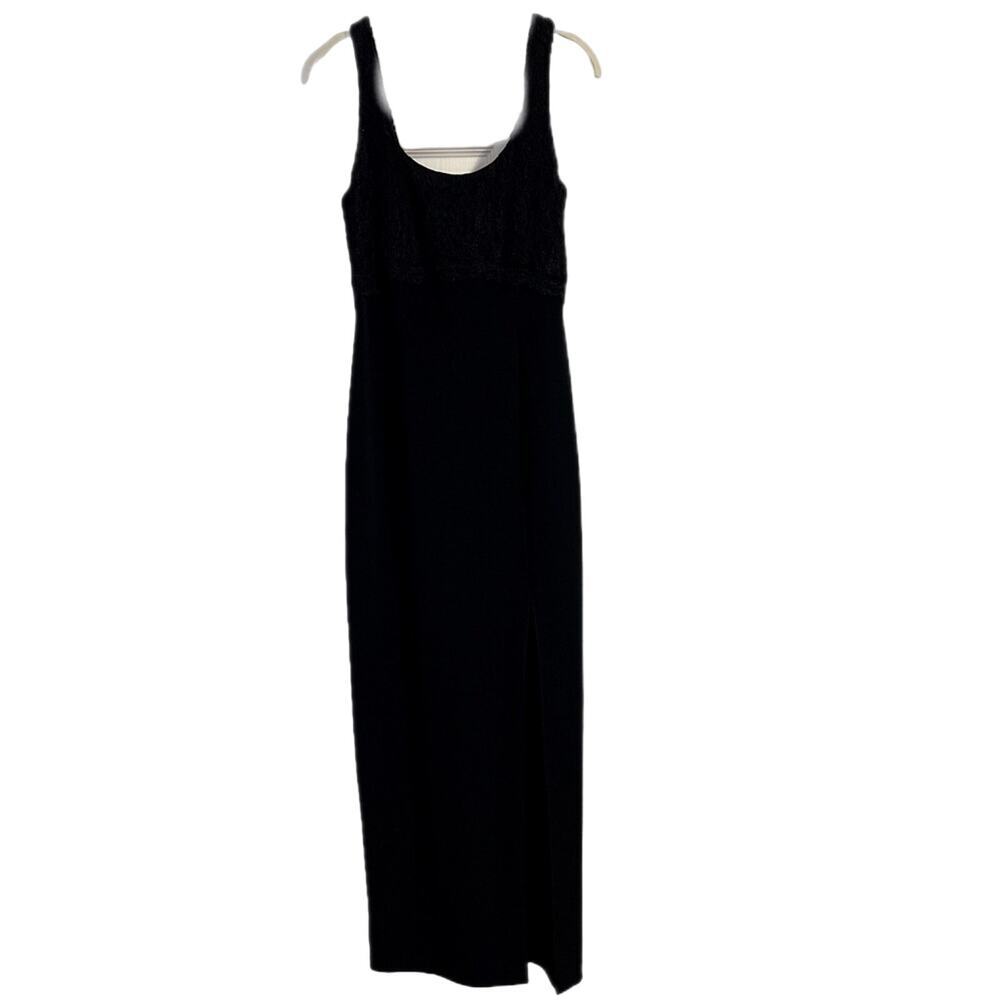JS Collections Evening Dress Size 8 Black Sleeveless Lace Bodice Front Slit - Picture 2 of 7